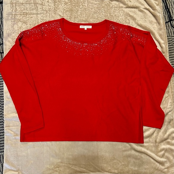 Madison + Hudson Sz 1X Red Sweater Studded Neckline Cold Shoulder NWT - Picture 1 of 6